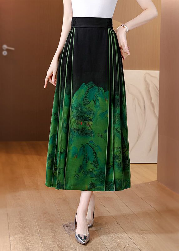 Chinese Style Blackish Green Wrinkled Print Silk Skirts Spring QQ1031 Ada Fashion