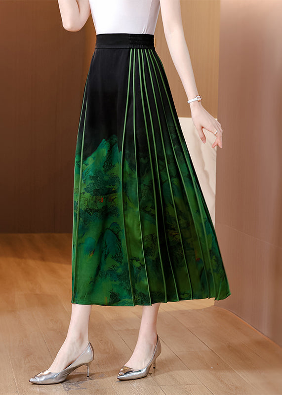 Chinese Style Blackish Green Wrinkled Print Silk Skirts Spring QQ1031 Ada Fashion