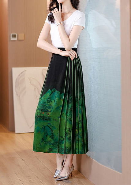 Chinese Style Blackish Green Wrinkled Print Silk Skirts Spring QQ1031 Ada Fashion