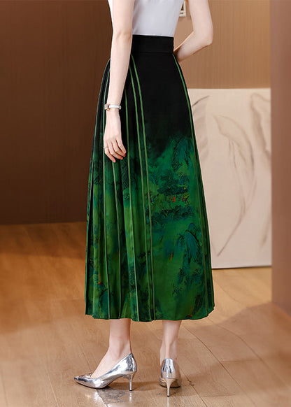 Chinese Style Blackish Green Wrinkled Print Silk Skirts Spring QQ1031 Ada Fashion