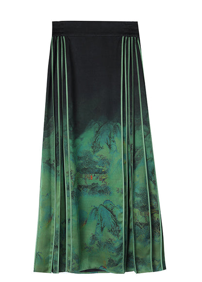 Chinese Style Blackish Green Wrinkled Print Silk Skirts Spring QQ1031 Ada Fashion