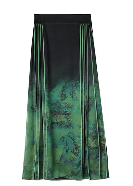 Chinese Style Blackish Green Wrinkled Print Silk Skirts Spring QQ1031 Ada Fashion