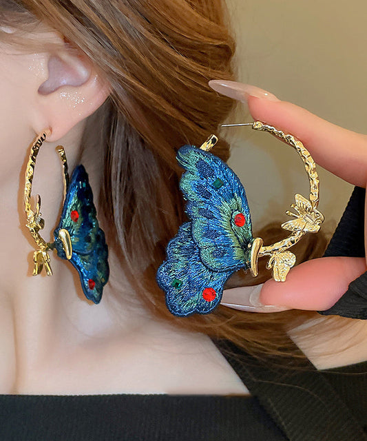 Chinese Style Blue Alloy Inlaid Cloth Embroidery Zircon Butterfly Hoop Earrings QJ048 JEW-EAR241021