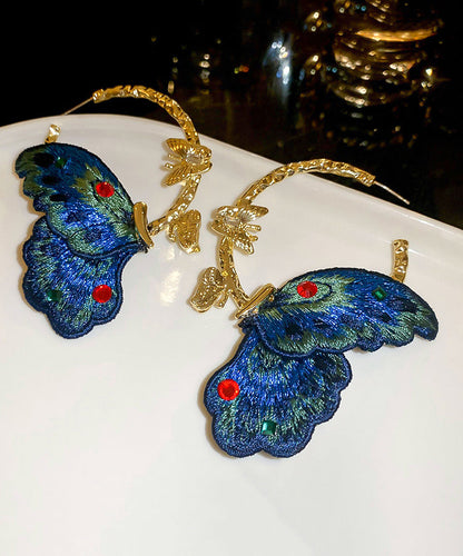 Chinese Style Blue Alloy Inlaid Cloth Embroidery Zircon Butterfly Hoop Earrings QJ048 JEW-EAR241021