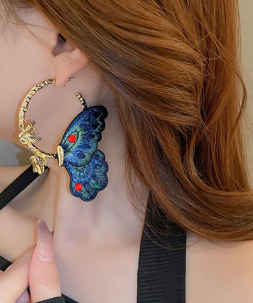Chinese Style Blue Alloy Inlaid Cloth Embroidery Zircon Butterfly Hoop Earrings QJ048 JEW-EAR241021