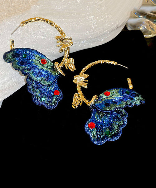 Chinese Style Blue Alloy Inlaid Cloth Embroidery Zircon Butterfly Hoop Earrings QJ048 JEW-EAR241021