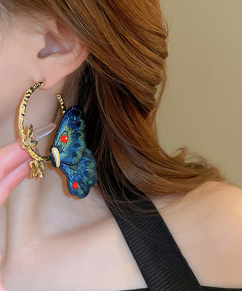 Chinese Style Blue Alloy Inlaid Cloth Embroidery Zircon Butterfly Hoop Earrings QJ048 JEW-EAR241021