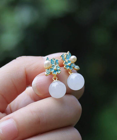 Chinese Style Blue Ancient Gold Jade Pearl Floral Drop Earrings TX014