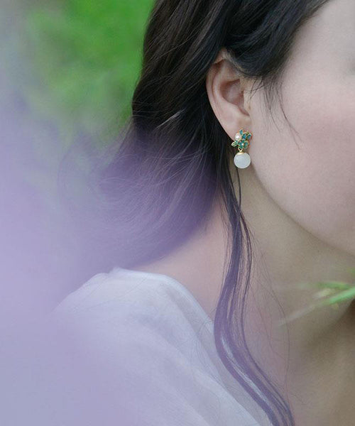 Chinese Style Blue Ancient Gold Jade Pearl Floral Drop Earrings TX014