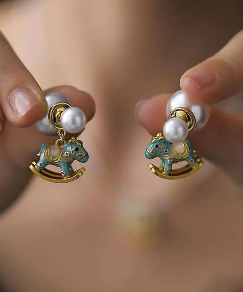 Blue Earrings Foal Stud Overgild Style Copper Pearl Chinese FashionChic