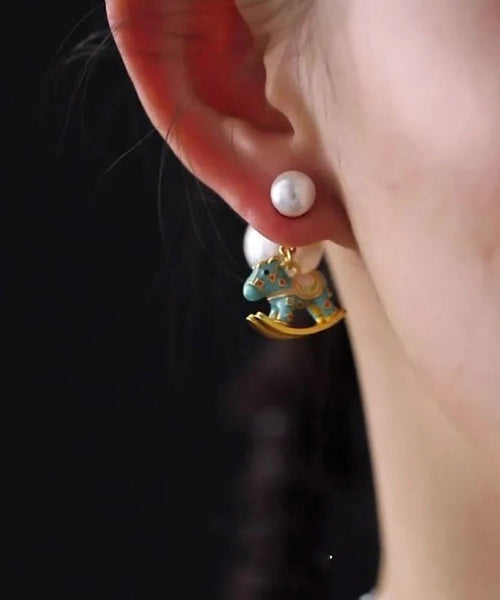 Blue Earrings Foal Stud Overgild Style Copper Pearl Chinese FashionChic