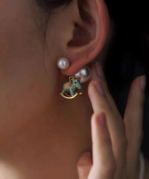 Blue Earrings Foal Stud Overgild Style Copper Pearl Chinese FashionChic