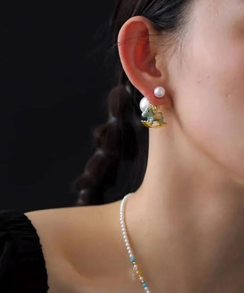 Blue Earrings Foal Stud Overgild Style Copper Pearl Chinese FashionChic