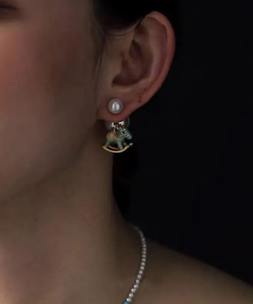 Blue Earrings Foal Stud Overgild Style Copper Pearl Chinese FashionChic