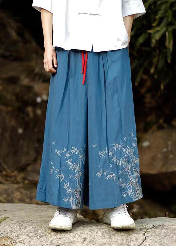 Chinese Style Blue Embroideried Pockets Cotton Mens Wide Leg Pants Summer SA032 Men-casual-MENCP240726