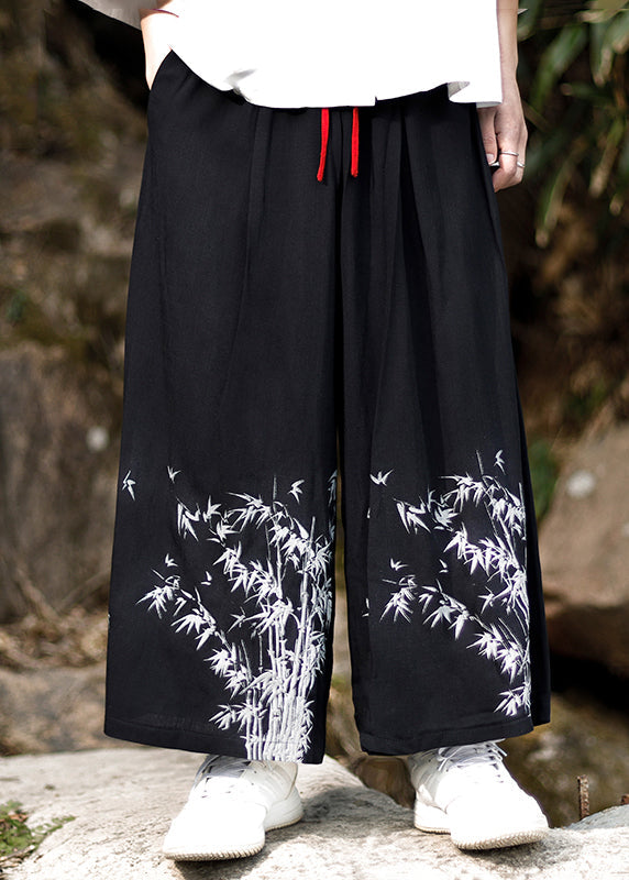 Chinese Style Blue Embroideried Pockets Cotton Mens Wide Leg Pants Summer SA032 Men-casual-MENCP240726