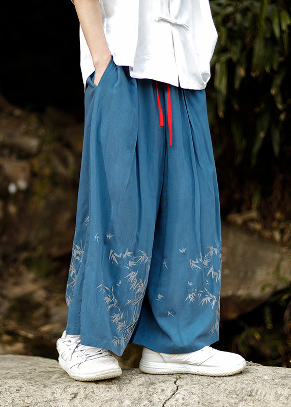 Chinese Style Blue Embroideried Pockets Cotton Mens Wide Leg Pants Summer SA032 Men-casual-MENCP240726