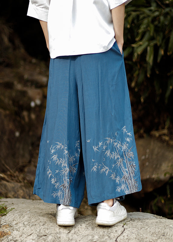 Chinese Style Blue Embroideried Pockets Cotton Mens Wide Leg Pants Summer SA032 Men-casual-MENCP240726