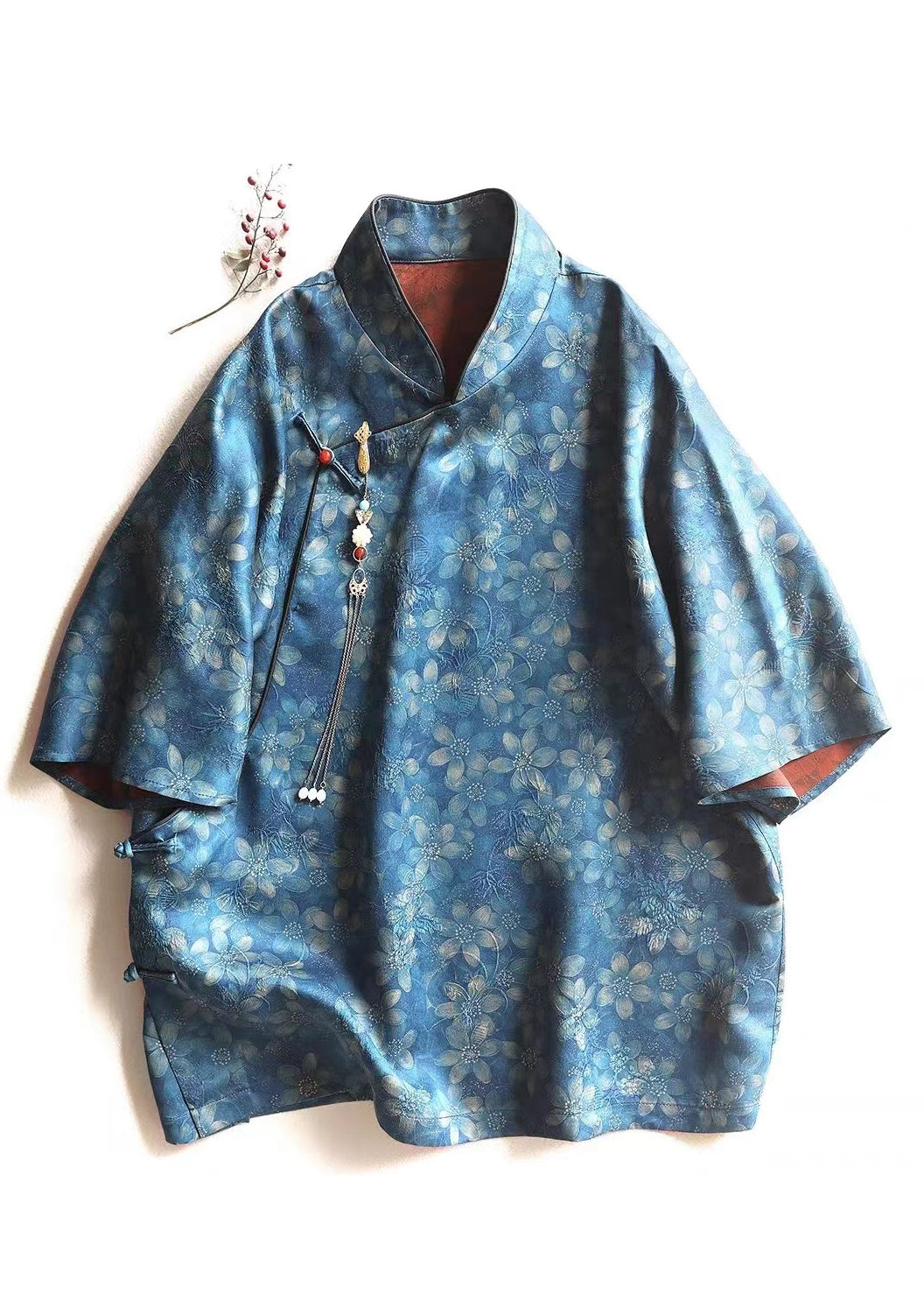 Chinese Style Blue Print Button Silk Blouses Bracelet Sleeve AU1052 MZF-240903