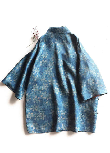 Chinese Style Blue Print Button Silk Blouses Bracelet Sleeve AU1052 MZF-240903