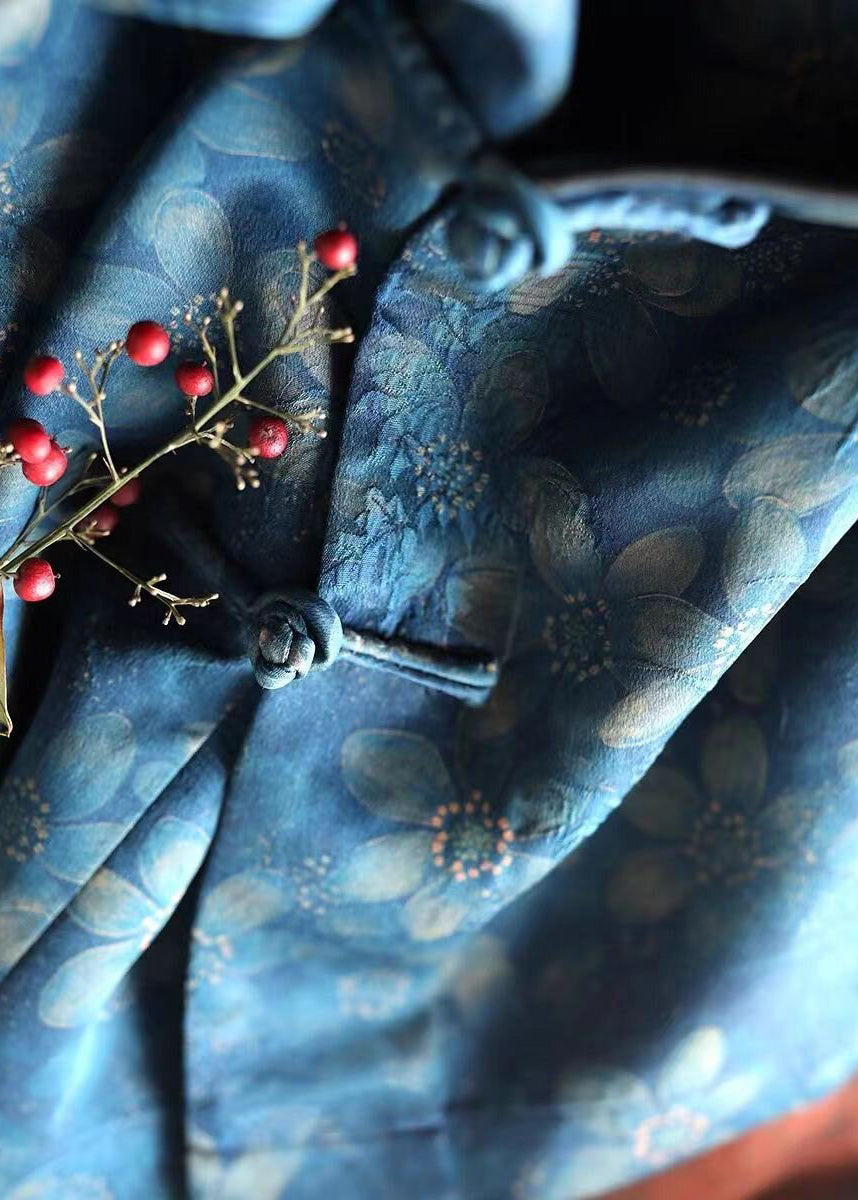 Chinese Style Blue Print Button Silk Blouses Bracelet Sleeve AU1052 MZF-240903