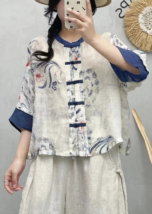 Shirts Summer Style Blue Chinese Linen Patchwork Print FashionChic