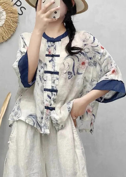 Shirts Summer Style Blue Chinese Linen Patchwork Print FashionChic