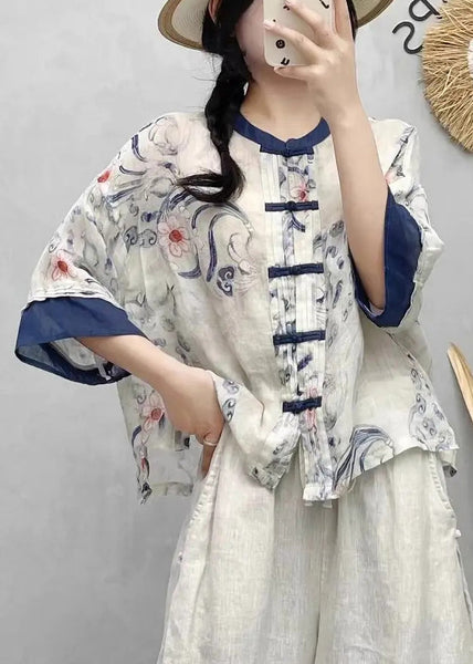 Shirts Summer Style Blue Chinese Linen Patchwork Print FashionChic