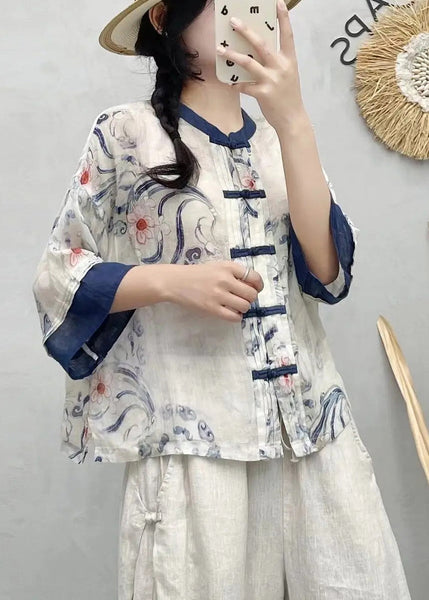 Shirts Summer Style Blue Chinese Linen Patchwork Print FashionChic