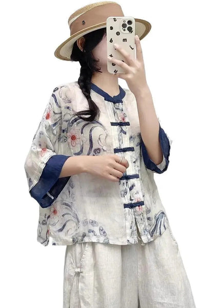 Shirts Summer Style Blue Chinese Linen Patchwork Print FashionChic
