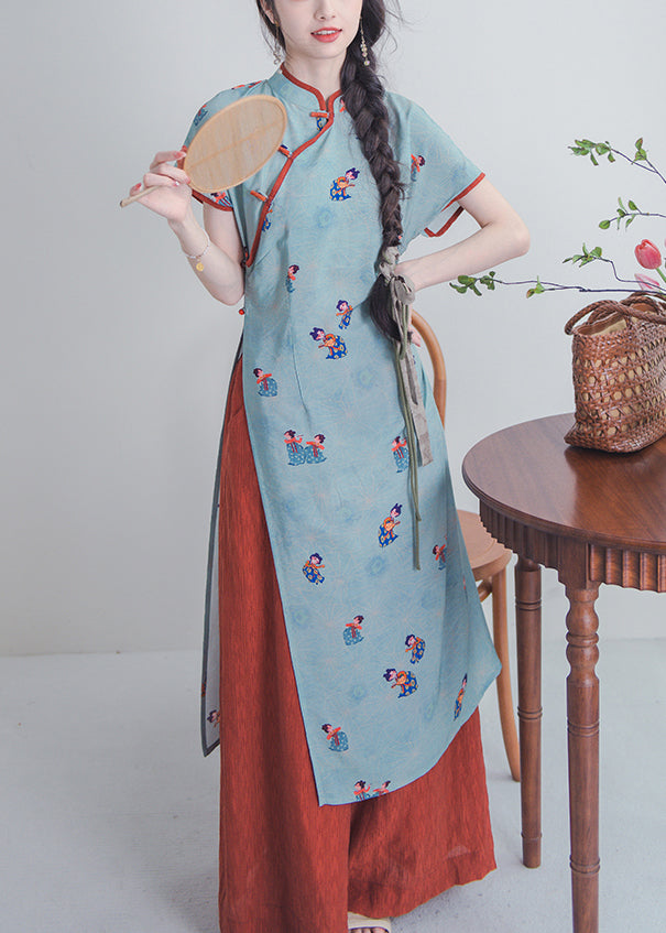 Chinese Style Blue Stand Collar Button Print Cotton Sets 2 Pieces Summer KK044 SH-LF-TPIEC240602