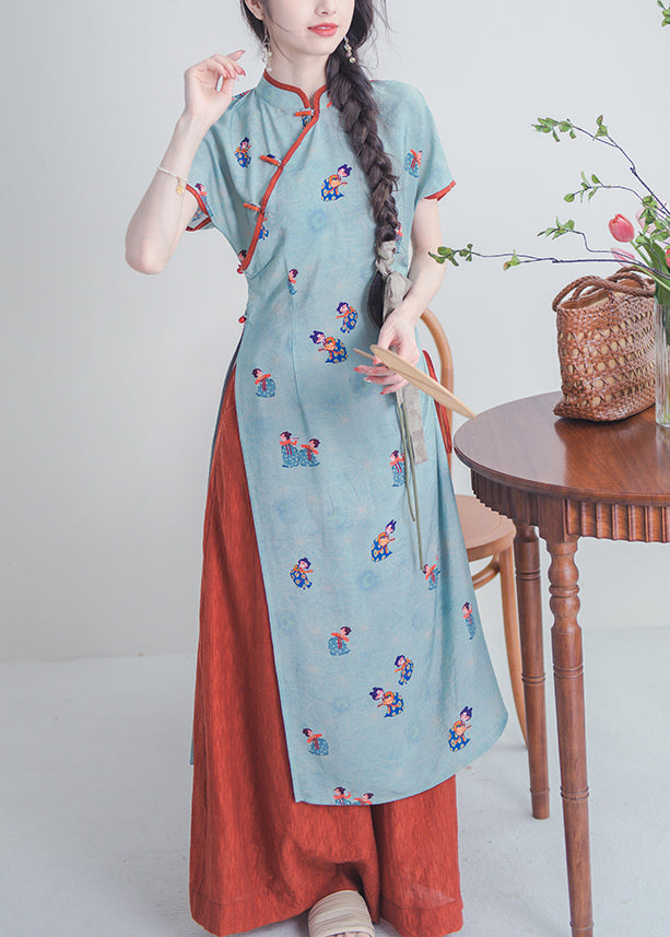 Chinese Style Blue Stand Collar Button Print Cotton Sets 2 Pieces Summer KK044 SH-LF-TPIEC240602