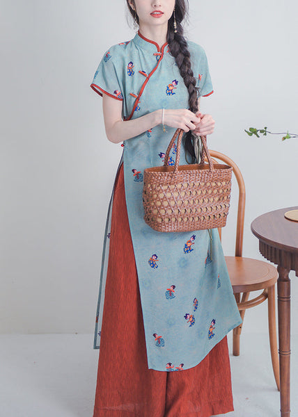 Chinese Style Blue Stand Collar Button Print Cotton Sets 2 Pieces Summer KK044 SH-LF-TPIEC240602