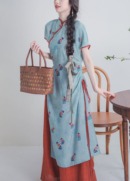 Chinese Style Blue Stand Collar Button Print Cotton Sets 2 Pieces Summer KK044 SH-LF-TPIEC240602