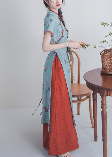 Chinese Style Blue Stand Collar Button Print Cotton Sets 2 Pieces Summer KK044 SH-LF-TPIEC240602