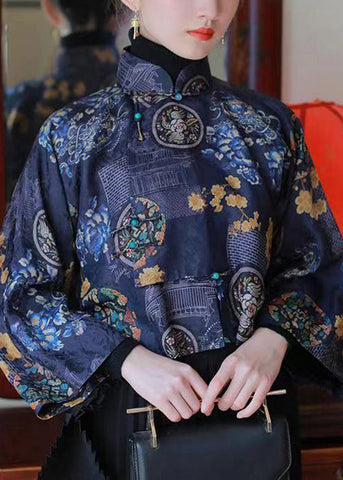 Chinese Style Blue Stand Collar Print Silk Shirts Spring YW038 ABC