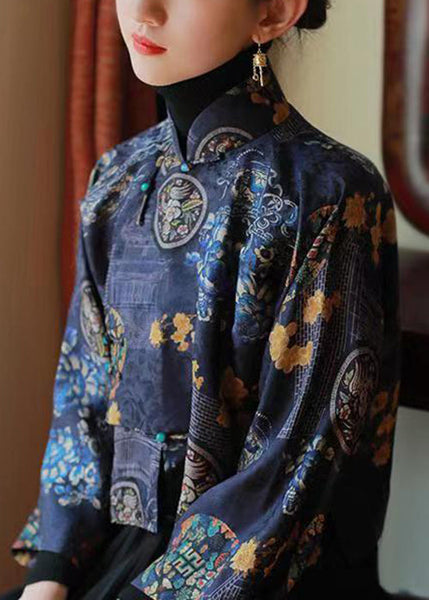 Chinese Style Blue Stand Collar Print Silk Shirts Spring YW038 ABC