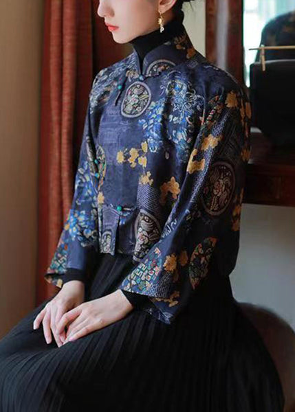 Chinese Style Blue Stand Collar Print Silk Shirts Spring YW038 ABC