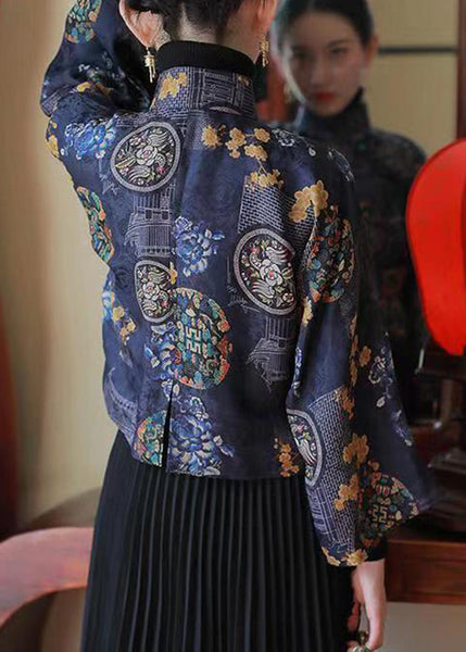 Chinese Style Blue Stand Collar Print Silk Shirts Spring YW038 ABC