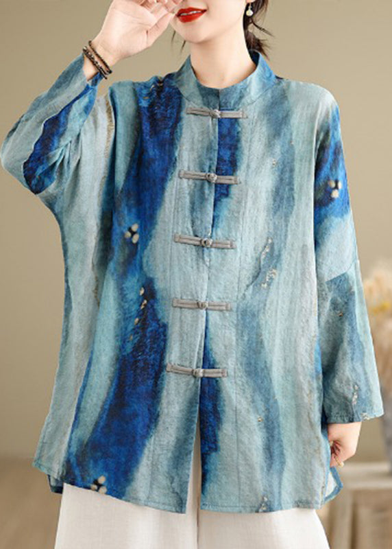 Chinese Style Blue Stand Collar Tie Dye Shirt Long Sleeve VV068 HS-LTP240627