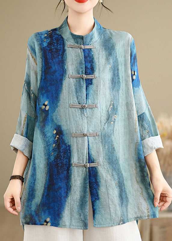 Chinese Style Blue Stand Collar Tie Dye Shirt Long Sleeve VV068 HS-LTP240627