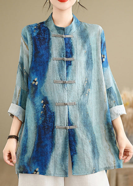 Chinese Style Blue Stand Collar Tie Dye Shirt Long Sleeve VV068 HS-LTP240627