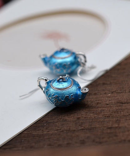 Chinese Style Blue Sterling Silver Cloisonne Plum Blossom Teapot Hoop Earrings RB011 ABC