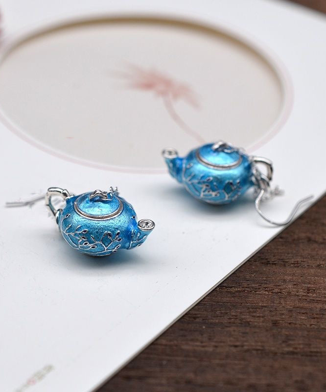 Chinese Style Blue Sterling Silver Cloisonne Plum Blossom Teapot Hoop Earrings RB011 ABC