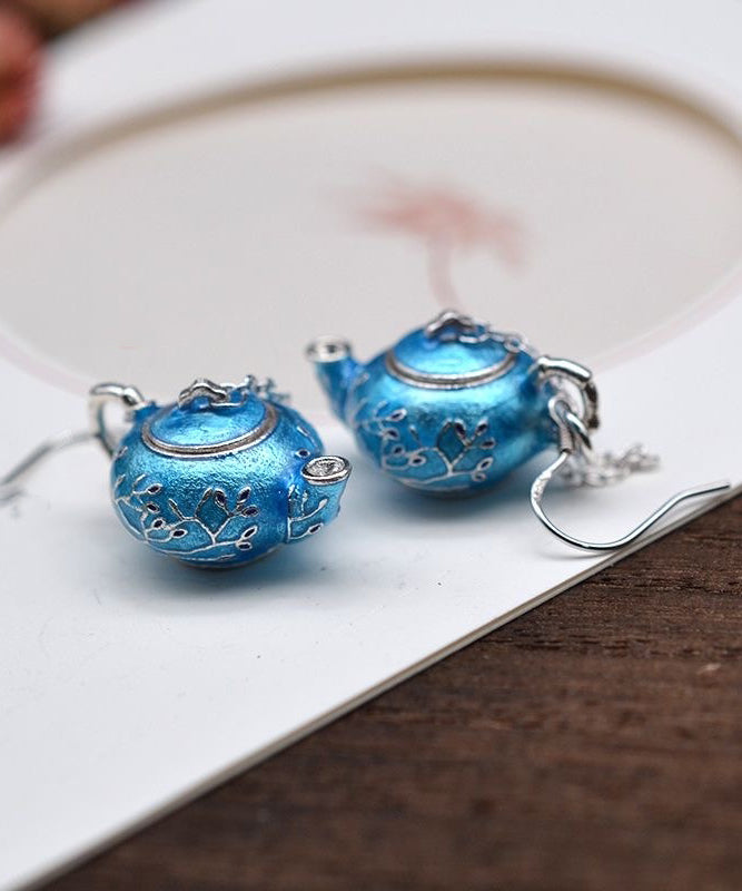 Chinese Style Blue Sterling Silver Cloisonne Plum Blossom Teapot Hoop Earrings RB011 ABC