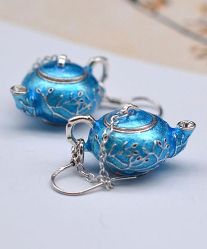 Chinese Style Blue Sterling Silver Cloisonne Plum Blossom Teapot Hoop Earrings RB011 ABC