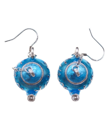 Chinese Style Blue Sterling Silver Cloisonne Plum Blossom Teapot Hoop Earrings RB011 ABC