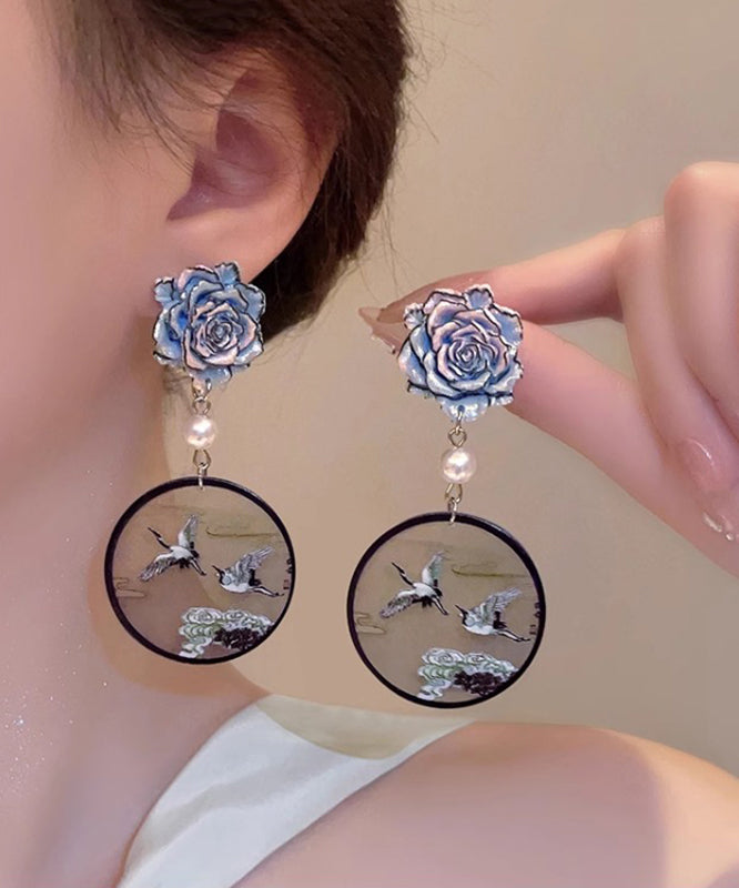 Chinese Style Blue Sterling Silver Floral Pearl Crowned Crane Drop Earrings QQ023 JEW-EAR240811