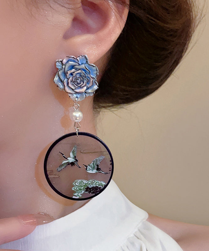 Chinese Style Blue Sterling Silver Floral Pearl Crowned Crane Drop Earrings QQ023 JEW-EAR240811