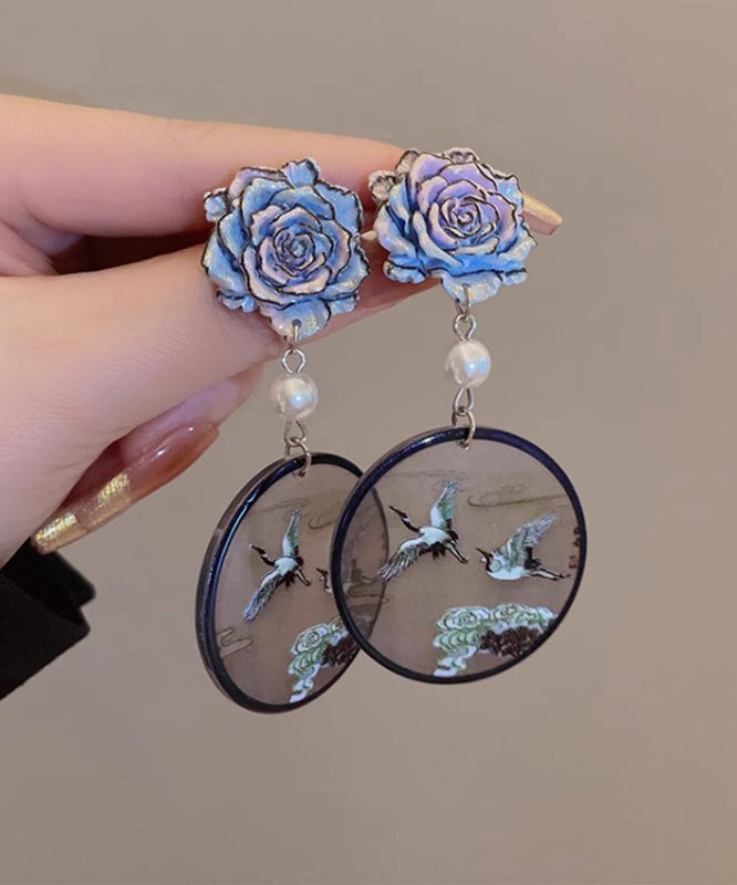 Chinese Style Blue Sterling Silver Floral Pearl Crowned Crane Drop Earrings QQ023 JEW-EAR240811